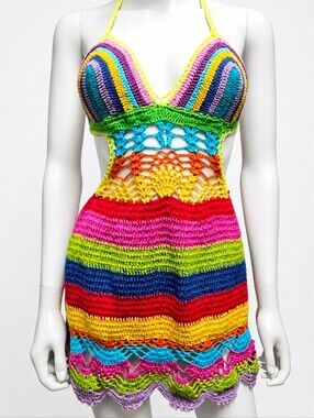 ALIX PINHO | Rainbow Crochet Halter Mini Dress Cover-Up Brazil US 4